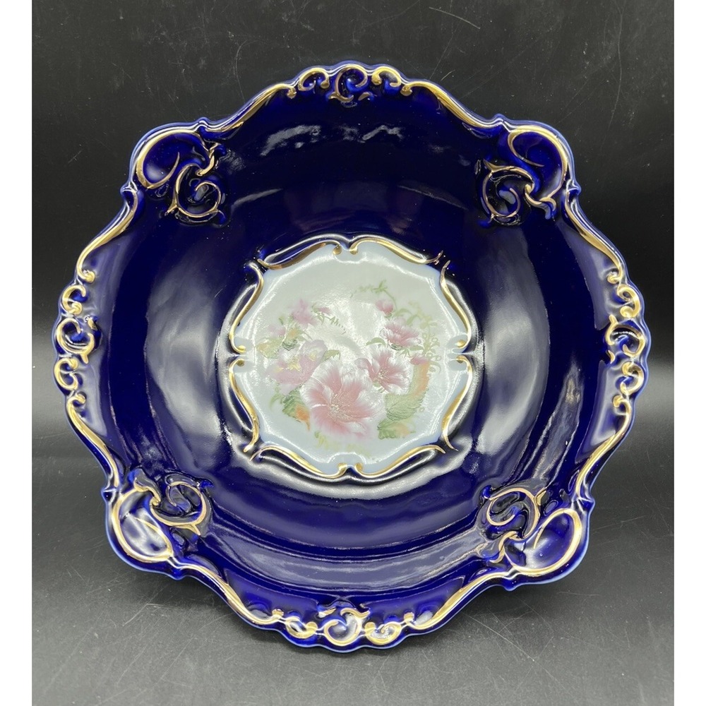 JRIS CLUJ Porcelain COBALT Blue and Floral with Gold Trim Serving Bowl 10"